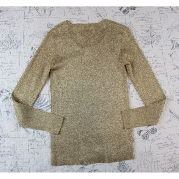 Vntg Herman Geist Gold metallic Long Slv ribbed scoop neck fitted knit top  S - Picture 7 of 7